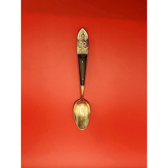 Vtg Siam Sitting Buddah Brass Sugar Spoon Teaspoon with Wood Handle 6.5" Retro - Picture 1 of 6